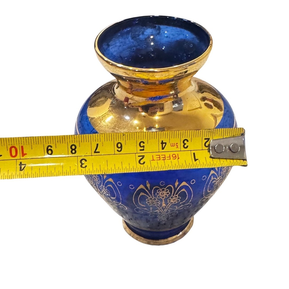 Vintage Cobalt Blue‎ Glass Vase with Gold Encrusted Floral Filigree 5.25in - Picture 3 of 10